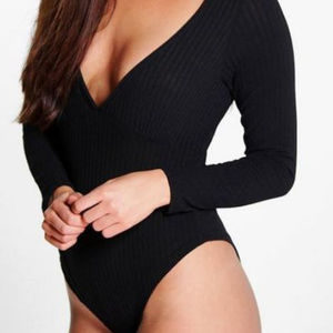 Boohoo V-Neck Black Long Sleeve Bodysuit